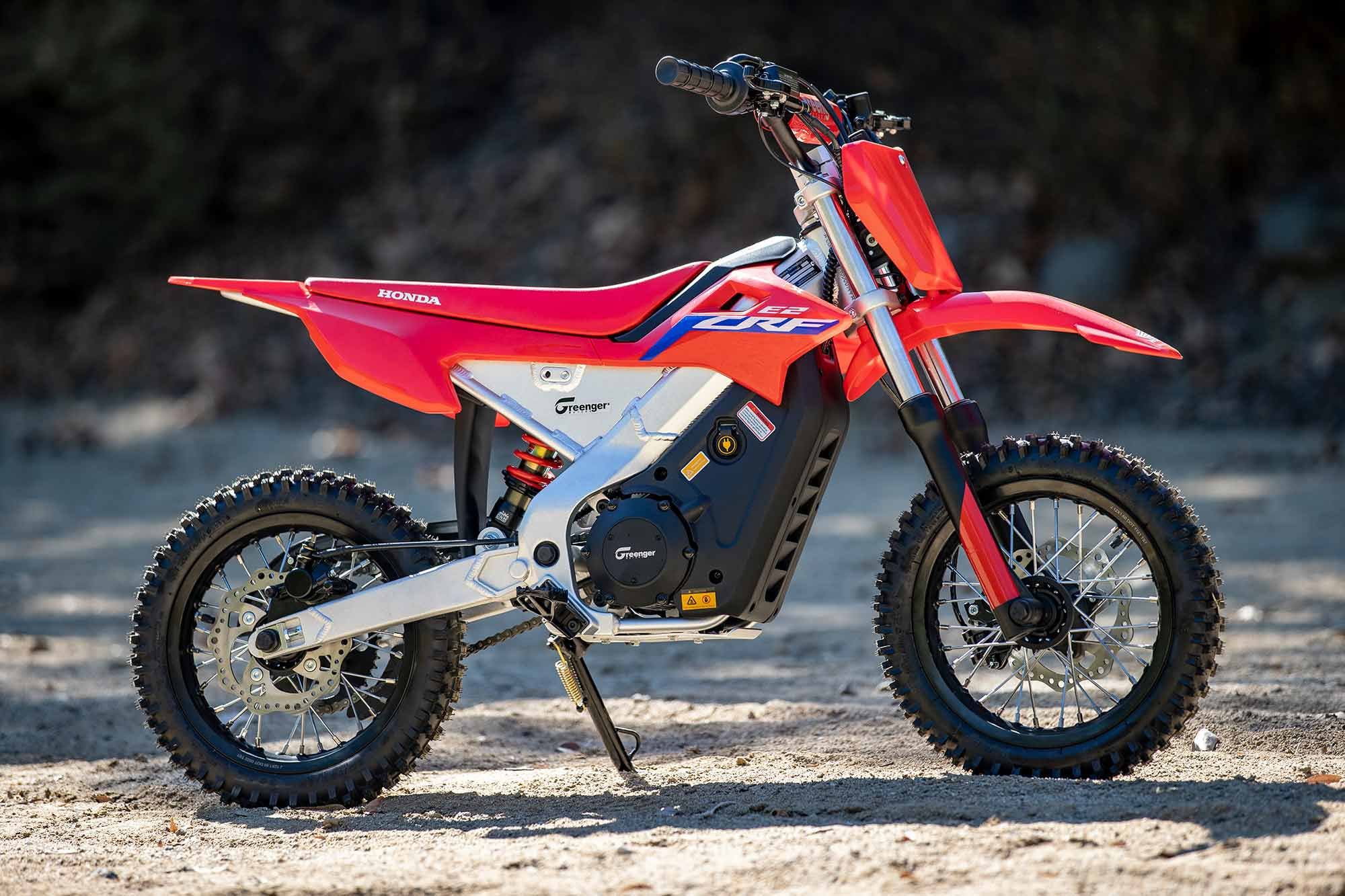 Familiar CRF stance, down to the twin-spar-aluminum frame. Greenger Powersports manufactures the CRF-E2 as an officially licensed Honda product, and the bike is sold only in Honda dealerships.