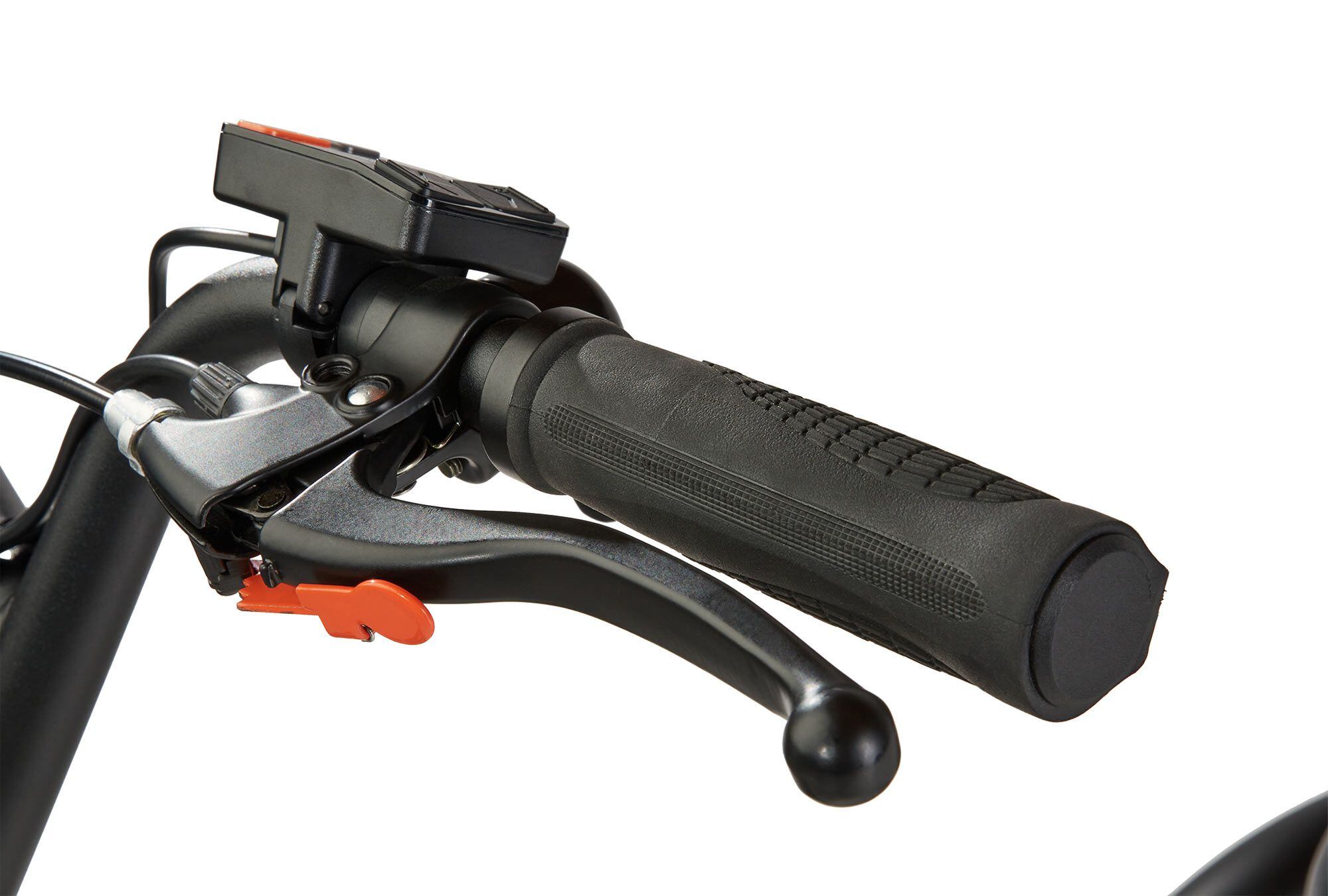 The front brake lever includes a parking brake button (in orange).